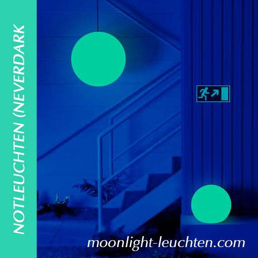 Moonlight Notleuchten (Neverdark) markieren den Notausgang 35cm Pendelleuchtkugel und 25cm Anschraubkugelleuchte. 